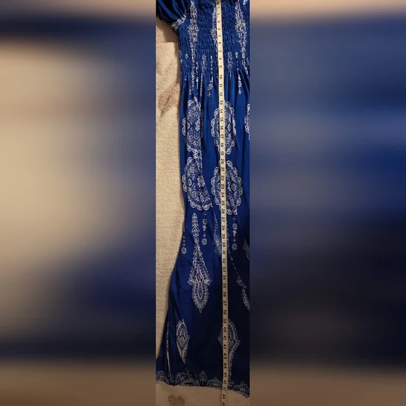 Women's Bohemian Blue and White Smocked Summer Maxi Dress - Picture 4 of 4